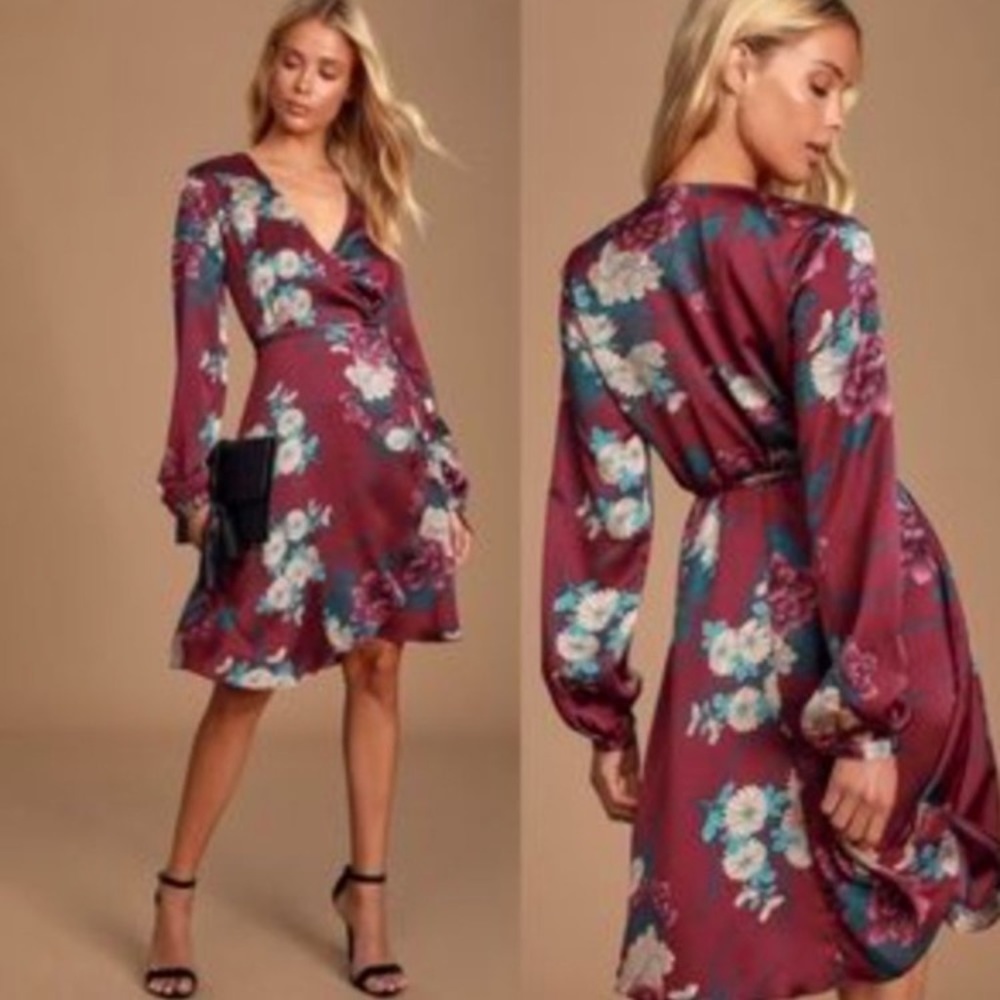 NWT Lulu's Love is Life Wine Red Floral Print Satin Wrap Dress size small